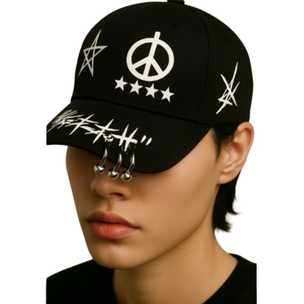 Black Graphic Baseball Cap with White Symbols and Front Ring Detail